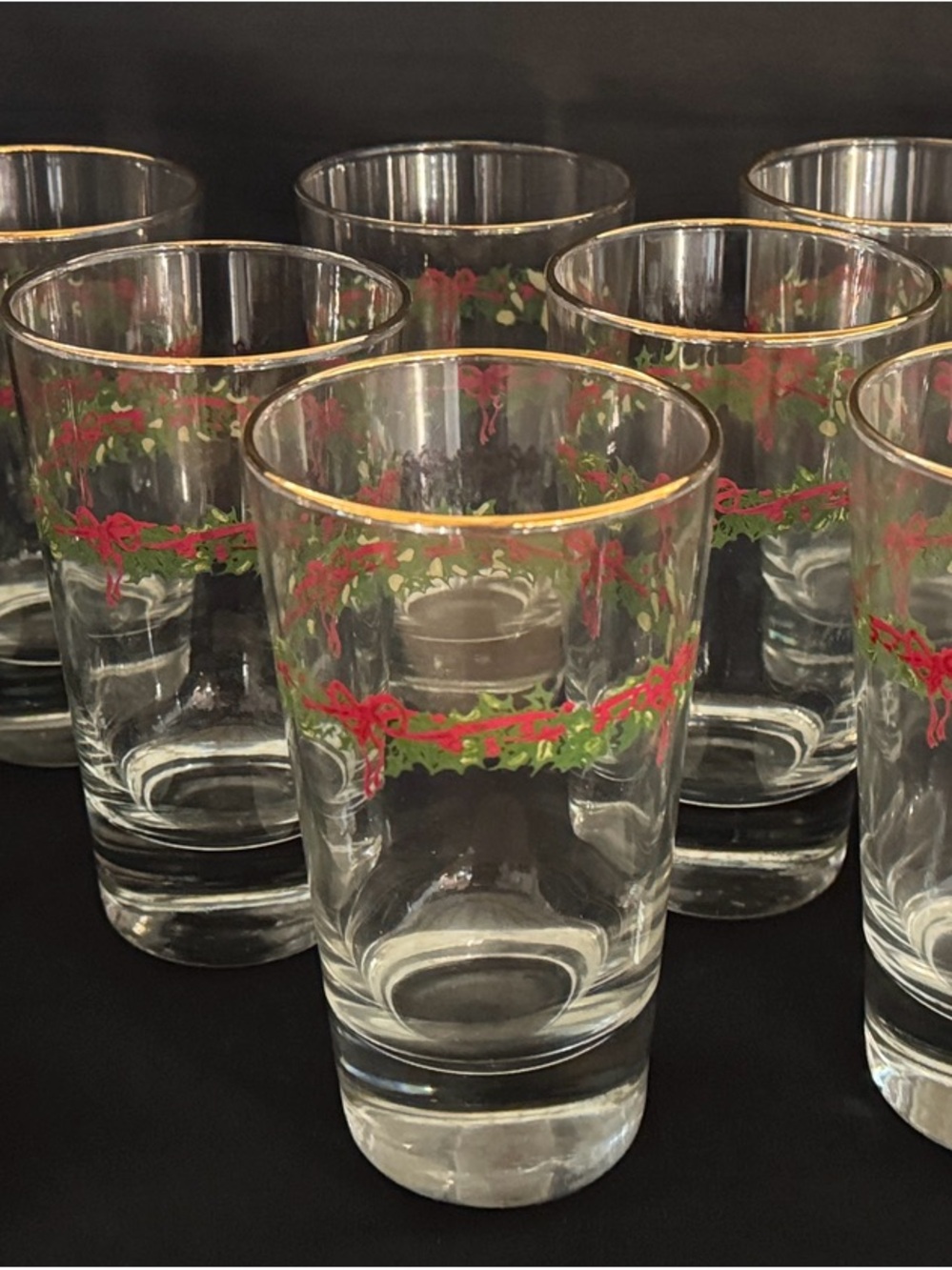 Libbey Christmas Holly & Ribbon Glasses.Set of 12, Gold Rim & padded storage.